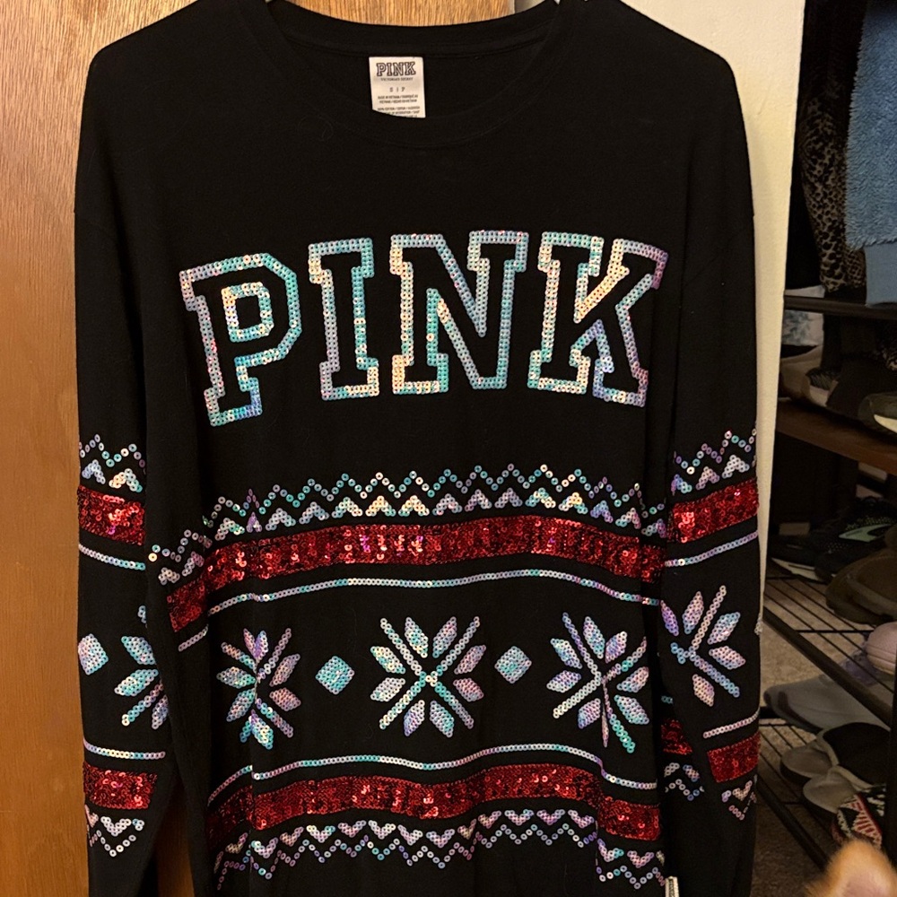PINK Victoria's Secret Black and Multicolor Sequin Sweater